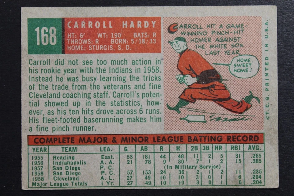 Carroll Hardy (d.2020 ) Cleveland Indians Signed 1959 Topps #168 Autograph Card - Image 2 of 3