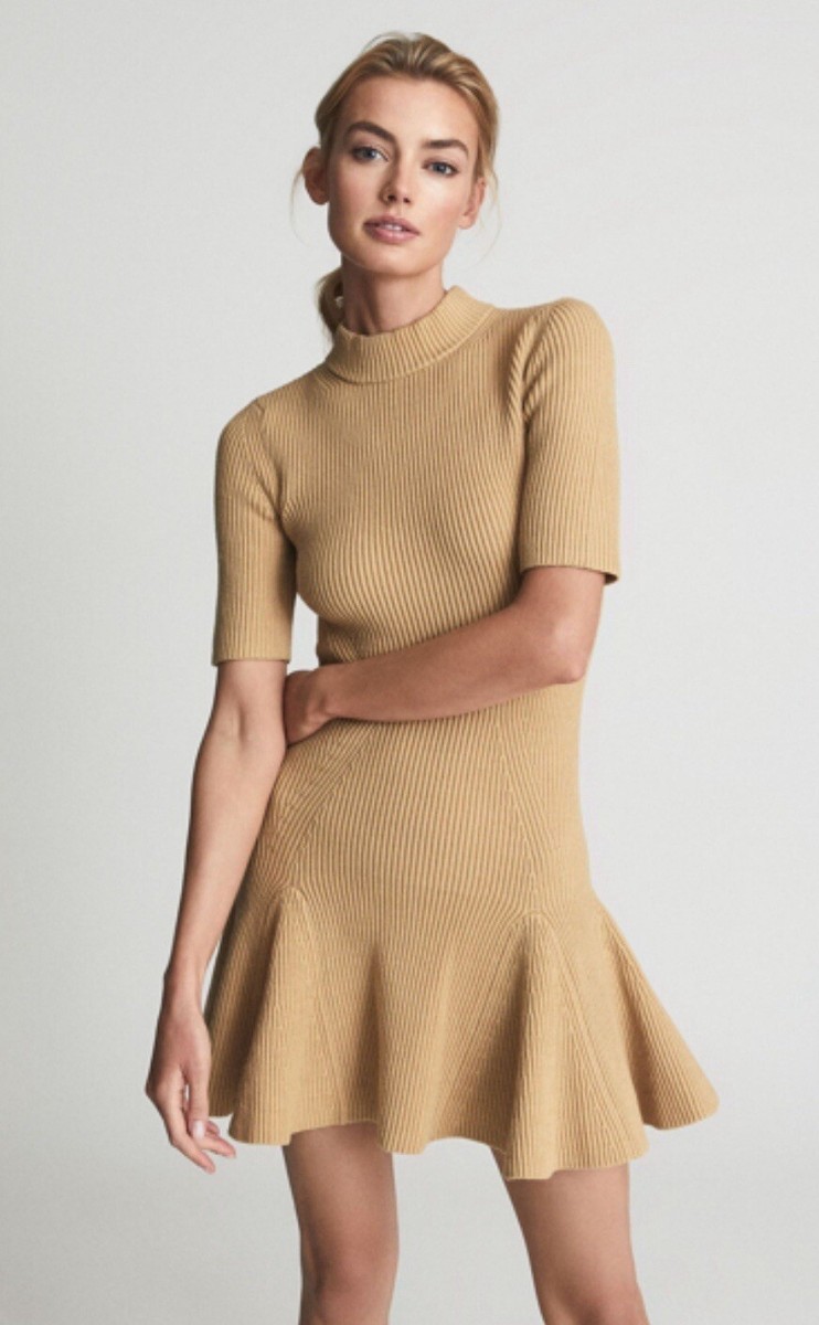 Reiss Amelia - Camel Knitted Flippy Dress, XS