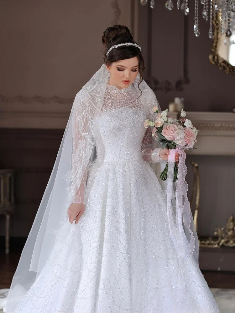 Luxury A-line Pearls Wedding Dresses High Neck Beaded Long Sleeve Bridal  Gowns