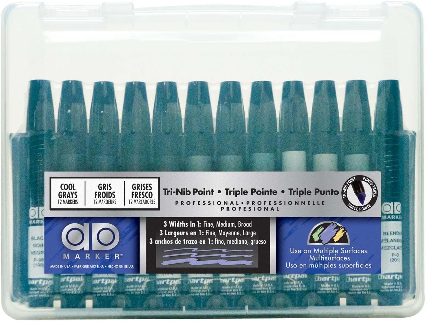 Chartpak Original AD Markers, Tri-Nib, 12 Color Set in Plast
