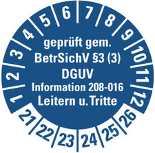 100x Pr&uuml;fplakette"Leitern/Tritte, BetrSichV &sect;3.. 21-26" Aufkleber, blau &Oslash;15-40mm