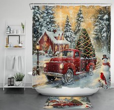 Tree and Xmas Snow Snowman in Forest Shower Curtain Bathroom Accessories Set