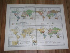 1911 ANTIQUE MAP OF WORLD RACES RELIGIONS POPULATION DENSITY EUROPE AMERICA ASIA