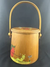 Vintage Decoupaged Wooden Sugar Bucket with Hinged Lid 12 1/2” Tall Incl. Handle