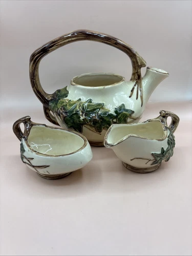 vintage 1940s McCoy cream green brown Ivy creamer sugar teapot No Lid  Pottery