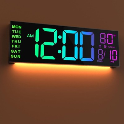 Large Digital Wall Clock 16 Inch LED Display RGB Colors DST Calendar Timer