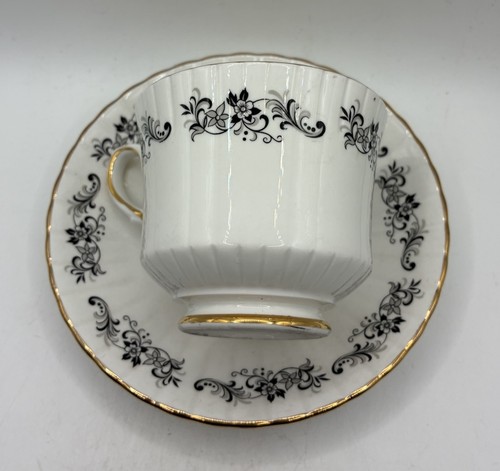 Royal Stafford Othello Cup Saucer White Gold Trim Black Floral Scroll England