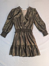 Amanda Uprichard Bronze Black Striped Ruffle Mini Dress V-Neck 3/4 Puff Sleeve S