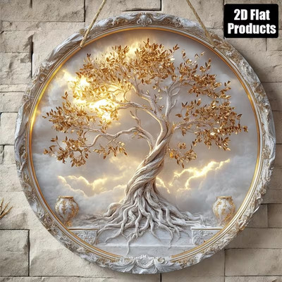 Baum des Lebens Wanddekoration 20 cm   Retro, Goldene Blätter, Weißer Rahmen