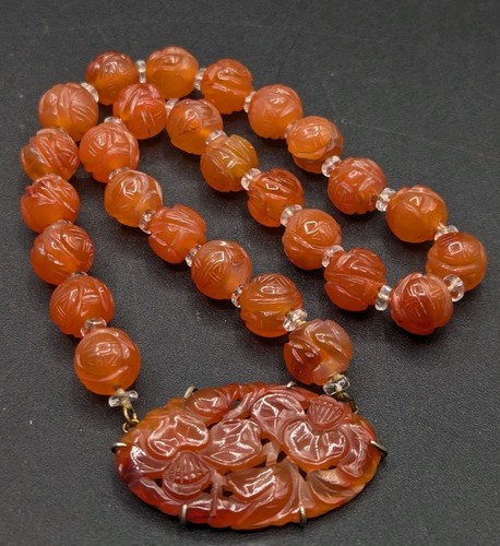 Vintage Chinese Carved Carnelian Stone Clasp & Round Shou Beads Necklace 16" ** - 第 9/18 張圖片