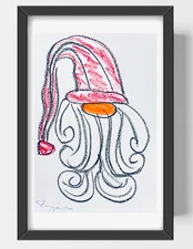GUAJARDO Original Expressionism Gnome with Santa Hat 9X6 Paper Signed Art