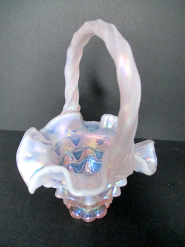 Vintage Fenton Pink Opalescent Drapery Pattern Basket Vase Footed 6"
