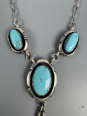 Leonard Marian Nez Navajo Sterling Silver Veined Turquoise Feather Necklace 16 