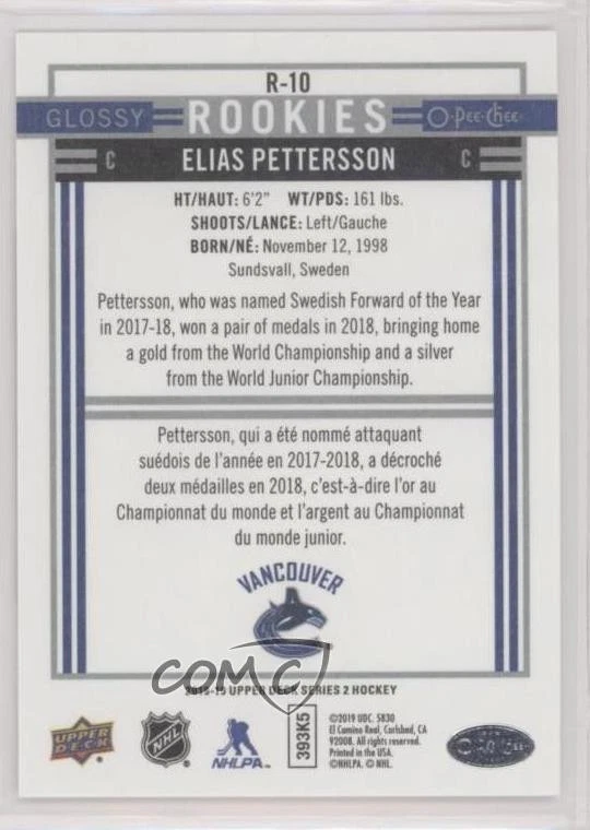 2018-19 Upper Deck O-Pee-Chee Glossy Rookies Elias Pettersson #R-10 RC - Image 2 of 2