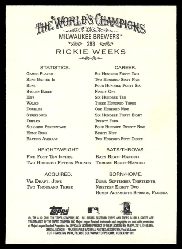 2011 Topps Allen & Ginter Rickie Weeks #288 Milwaukee Brewers - Image 2 of 2