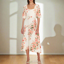 Faithfull The Brand Bronte Midi Dress Womens 10 Ivory Pink Floral Puff Sleeve