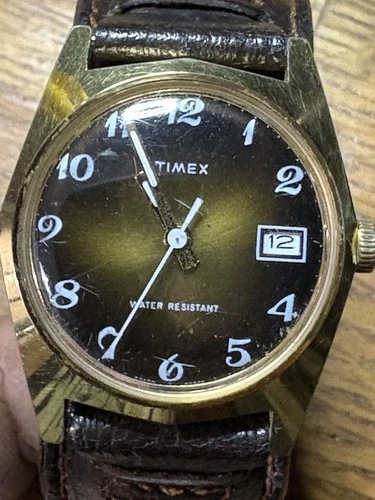 Vintage Timex Watch - Manual wind 1974, leather NOS cuff band, working & clean!