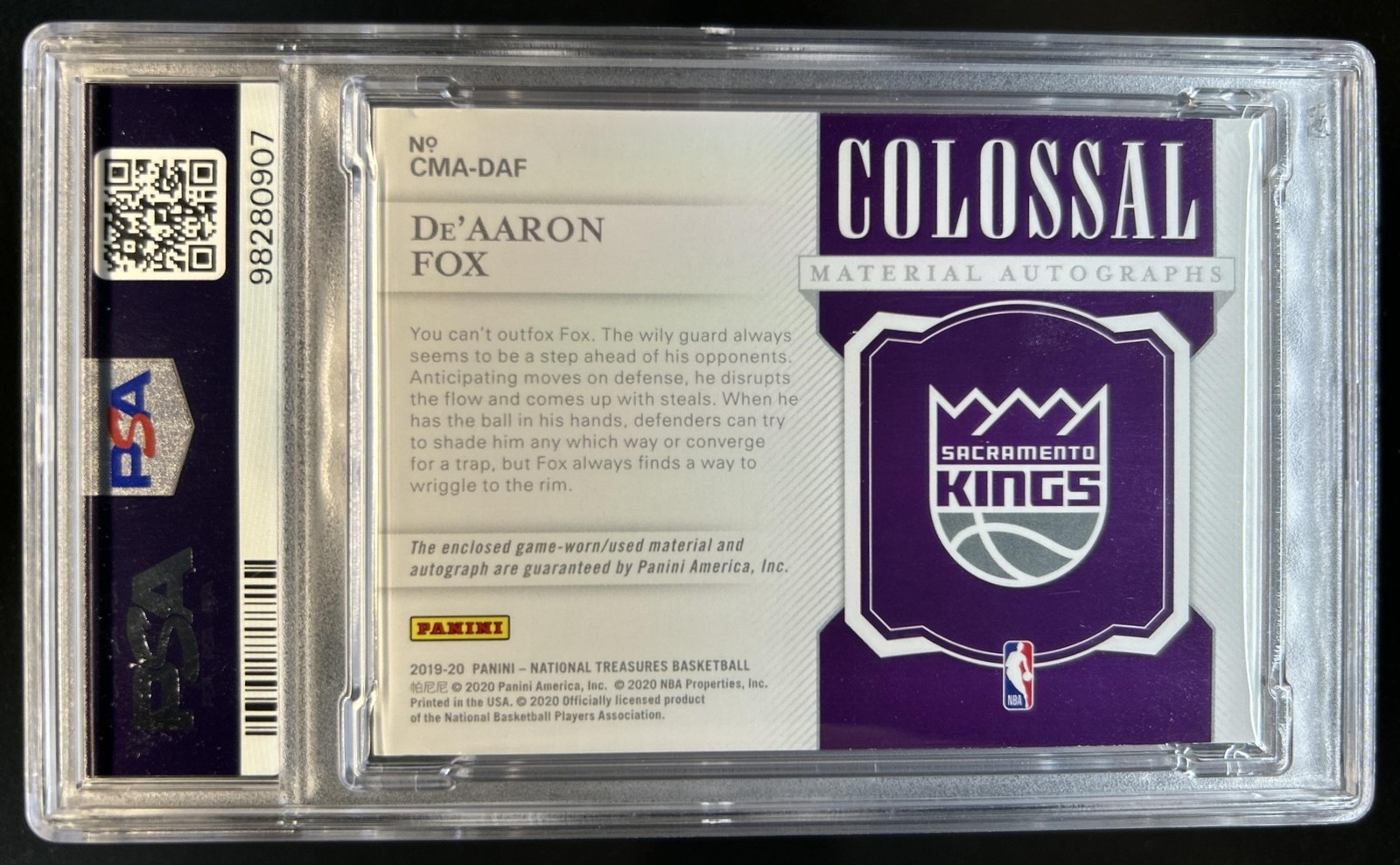 2019-20 National Treasures De Aaron Fox Colossal Patch Auto Prime #/25 PSA 10 view 2