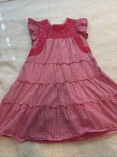 J. Marie XS Pink Gingham Tiered Midi Dress Genevieve Embroidered Summer Cottage