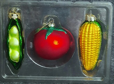 Campbell Soup Company Set Of 3 Vintage Look Vegetable Ornaments Corn Tomato Peas