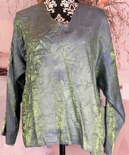 NoBlu USA Made Blue/Iridescent Reversible LS V-Neck Pocket Art-to-Wear Blouse M