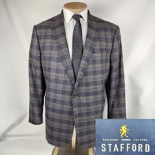 Stafford Mens Sport Coat 44R Gray Blue Plaid Blazer Jacket Classic Fit