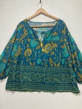 Natural Life Maribel Top Teal Sage Border Boho Floral Tunic Blouse XL Cottagore