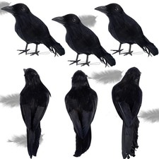 ATDAWN 6 Pack Halloween Black Feathered Crows, Realistic 6.1 Inch,