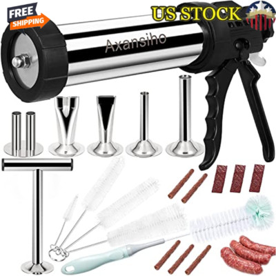 Stainless Steel Jerky Gun Kit Large Capacity Meat Shooter W/ Nozzles Brushes New