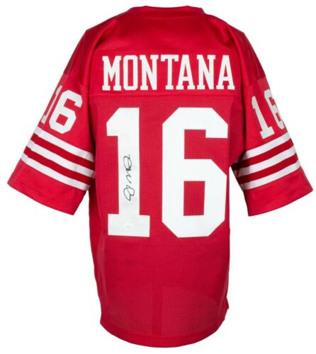 Maillot de football de style professionnel rouge signé Joe Montana San Francisco JSA - Photo 1/3