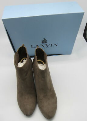 Lanvin Grey Suede Booties w/ Pebbled Leather Block Heel sz 38