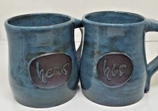 Blue His and Hers Stoneware Coffee Cups Quality Heavy Dragonfly Symbol Shar D