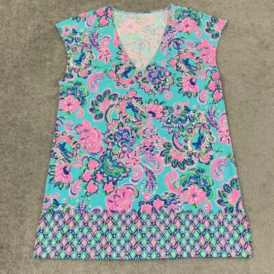 Lilly Pulitzer Talli Cover Up Shirt Womens XL Blue Pink Floral Stretch V-Neck