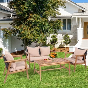 4PCS Outdoor Furniture Set Patio Conversation Set  w/ Wood Frame Cushion