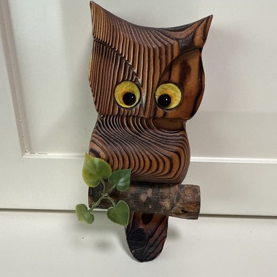 VTG MCM Burnt Wooden Owl Wall Hanging Decor Yellow Felt Eyes 7.5 