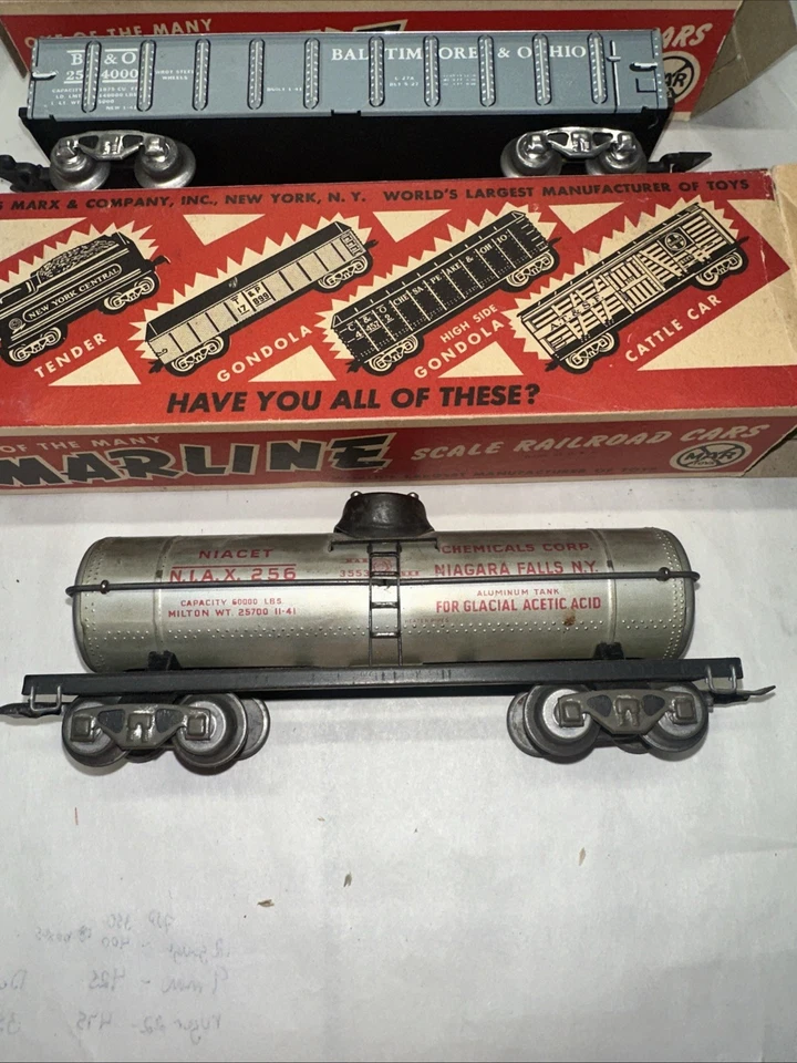 3 Marx MARLINES 3552-3553-3582 Metal O-gauge Freight Cars IN BOXES Tank Gondola - Image 2 of 4