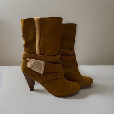 Nine West Cruzal Camel Suede Strappy Heeled Boots w/ Sherpa Lining - Sz9 New