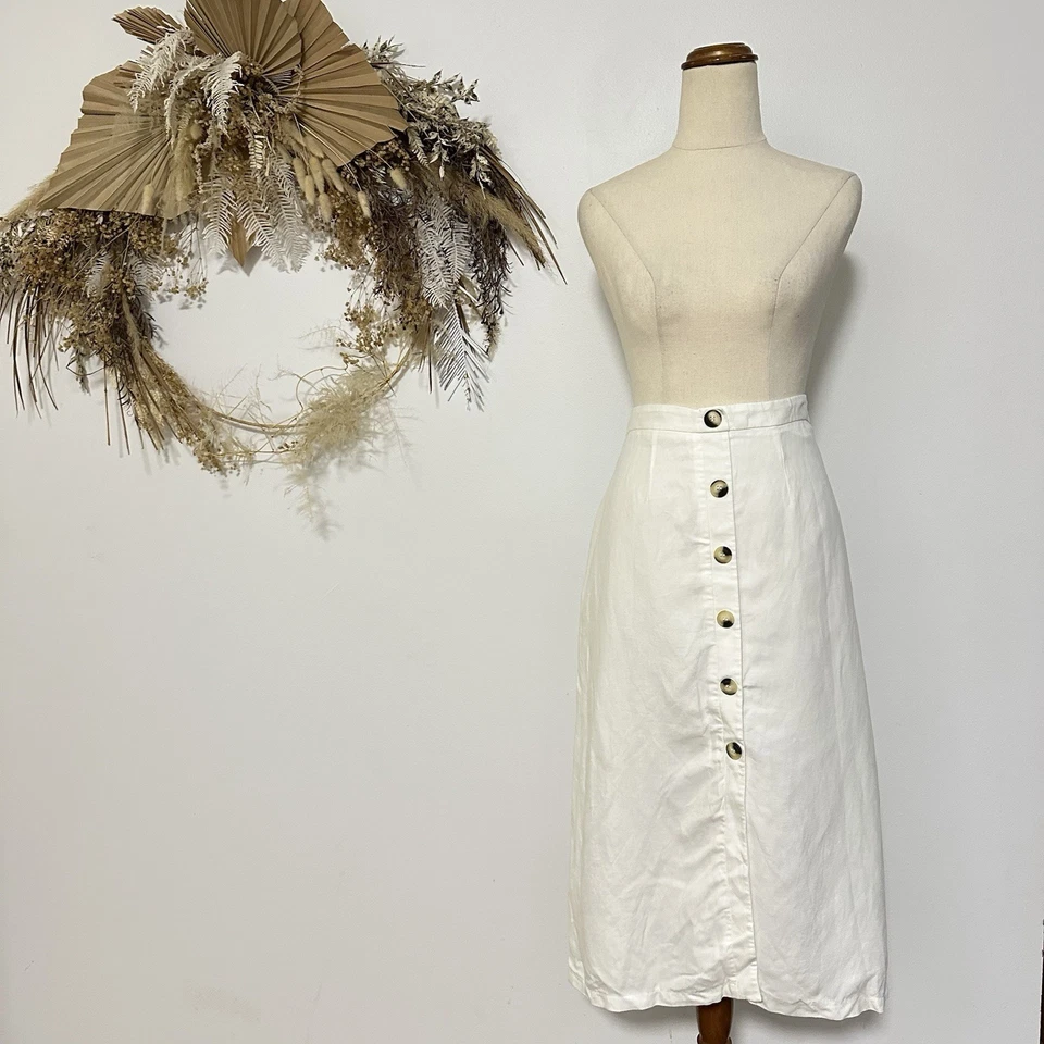 Юбка Kookai миди белая льняная смесь на пуговицах спереди трапециевидная размер 40 повседневная базовая - Изображение 3 из 4