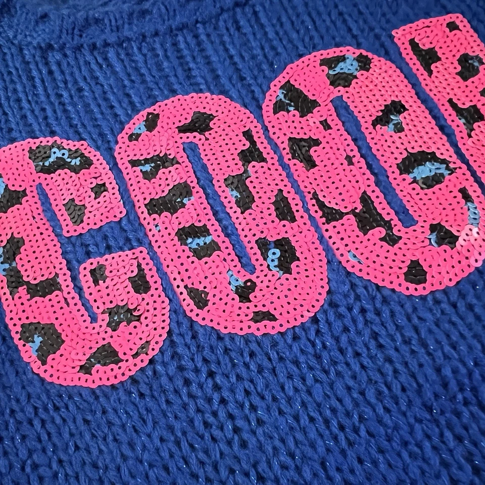 Justice Girls Blue Hot Pink Cheetah Sequin Sweater Size 6 COOL Spell Out NWT - Image 4 of 4