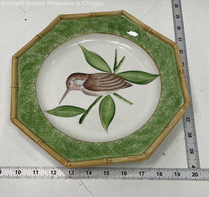 Mariposa White, Tan And Brown Bird Bamboo Hand Painted Porcelain Plate