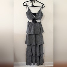 Line & Dot Prism Dress Silver Black Tiered Cutout Maxi Rosette Detail Size M
