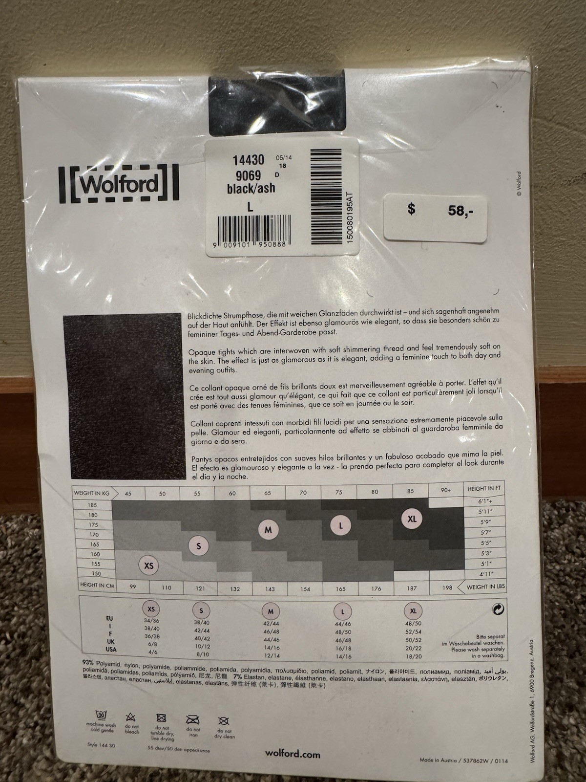 WOLFORD EMMA TIGHTS PANTYHOSE BLACK/ASH SIZE LARGE 14430 NIP $58