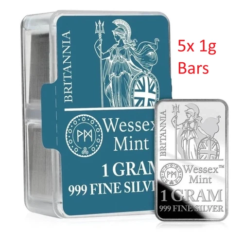 NEW 5x 1g .999 Fine Silver Britannia Bar 1 Gram Bar - The Wessex Mint - UK