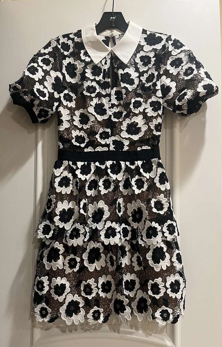 knee length dresses for ladies Self-Portrait // Black & White Short Sleeve Abstract Guipure Dress – VSP  Consignment main image 0