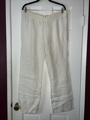 Ellen Tracy 100% Linen wide Leg Pants Womens S Oatmeal Elastic Drawstring Waist