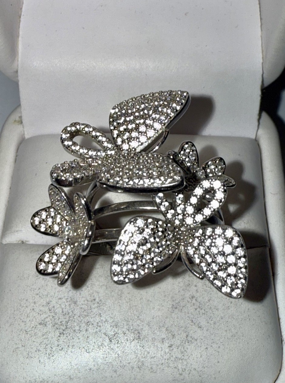 Solid Sterling Silver Round-Cut Gemstone Paved Bu… - image 1