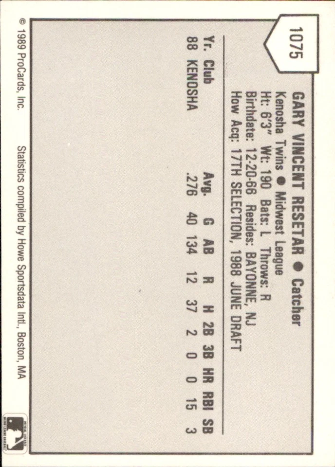 Gary Resetar 1989 ProCards Minor League T/S #1075 RC Kenosha Twins ** - Image 2 of 2