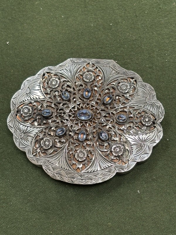 1950’s ENGRAVED 800 SILVER COMPACT ITALY FILIGREE GENUINE AQUA GEMS FINEST! 