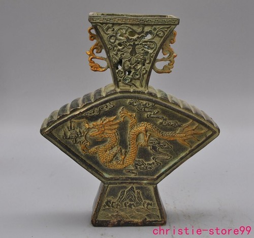 7.8"China Ancient Bronze Gilt fengshui dragon phoenix Bottle Pot Vase Jar Statue - Picture 9 of 12