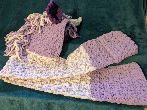 Unicorn Hooded Scarf Mittens Purple Crochet Kidcore Boho Winter Girl Child - Picture 6 of 7